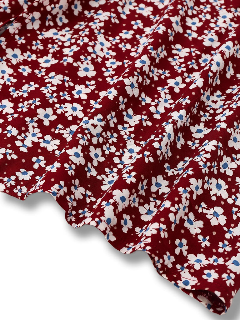 Red 1940s Floral Square Neck Puff Sleeve Dress