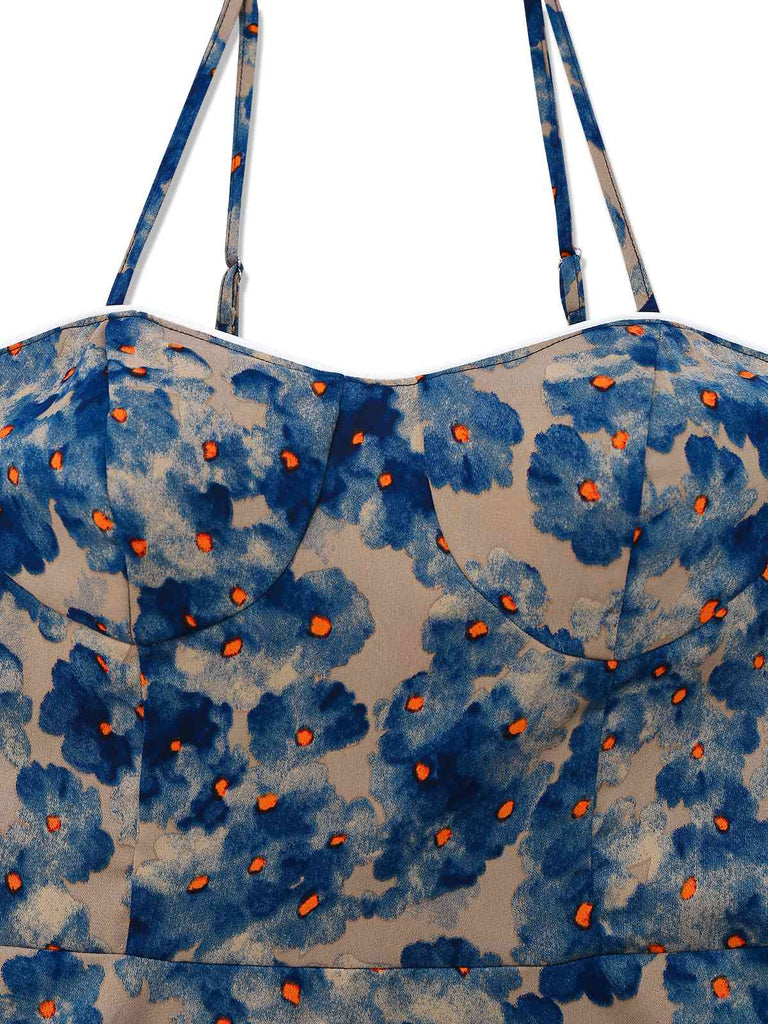 Blue 1950s Floral Print Spaghetti Strap Dress