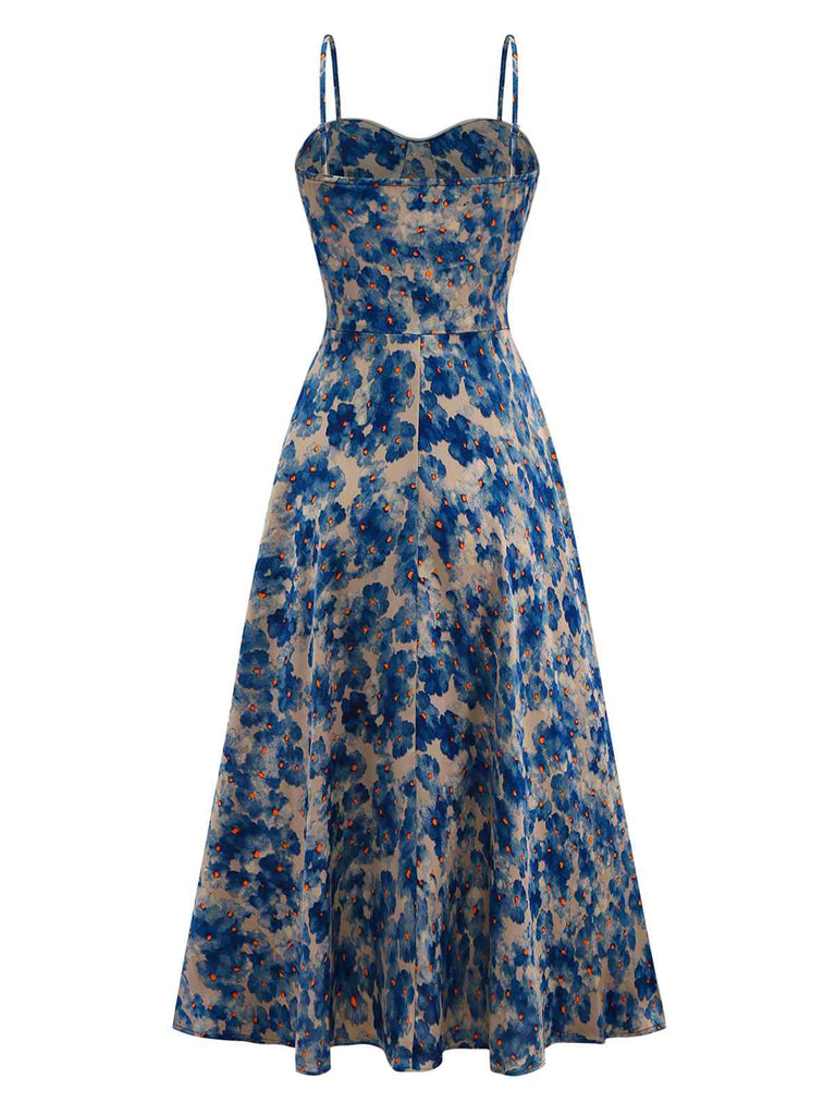 Blue 1950s Floral Print Spaghetti Strap Dress