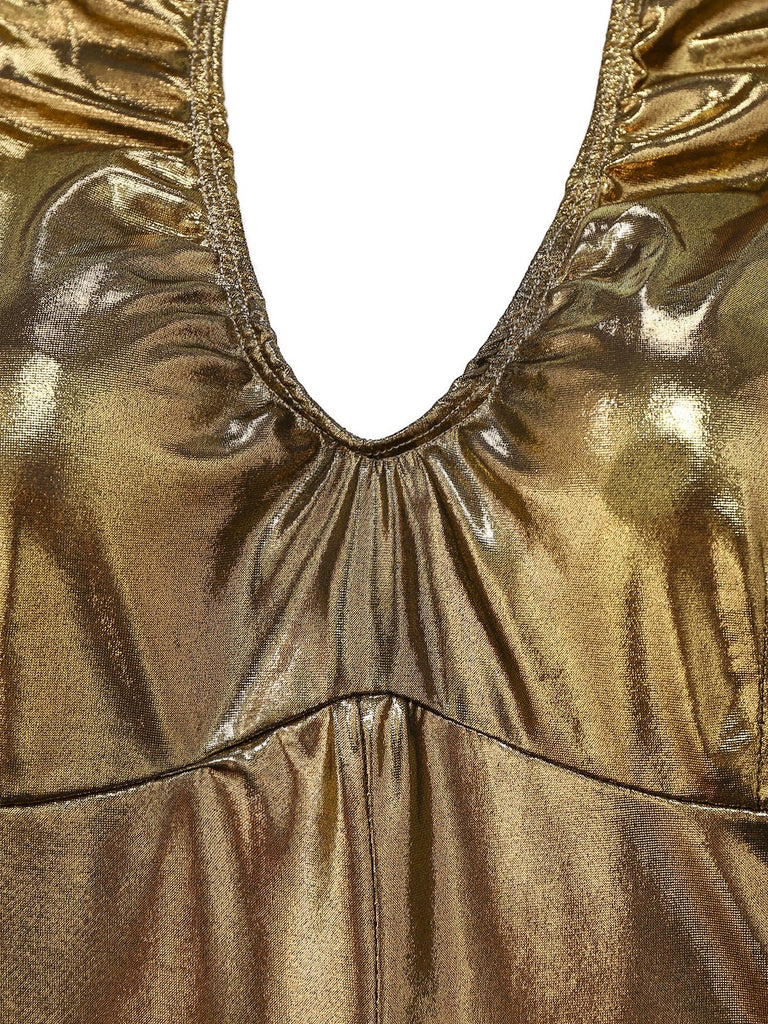 1970s Metallic Disco Halter Belted Jumpsuit