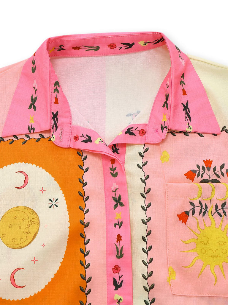 2PCS 1970s Boho Floral Blouse & Belted Shorts