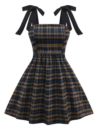 Dark Coffee 1950s Bow Strap Plaid Dress