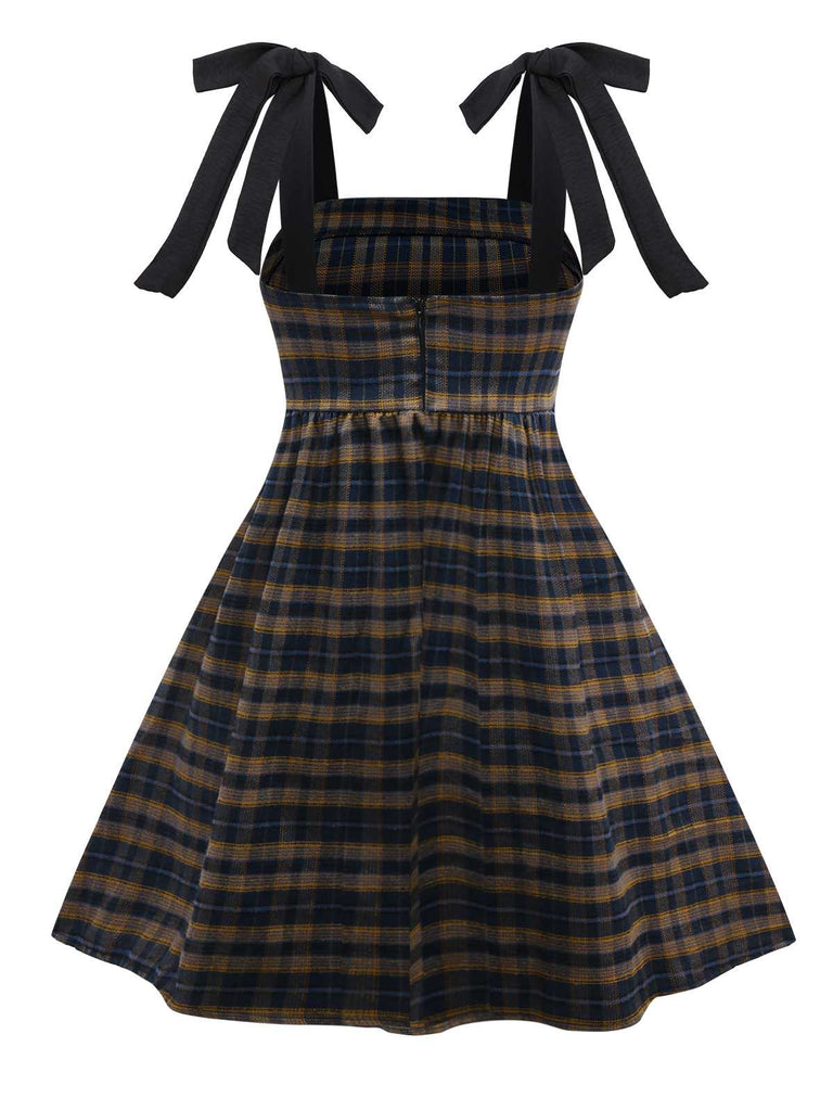 Dark Coffee 1950s Bow Strap Plaid Dress