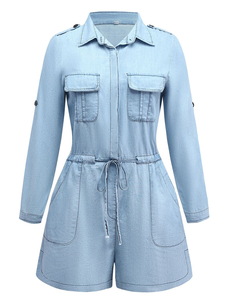 Light Blue 1950s Denim Button Lapel Romper