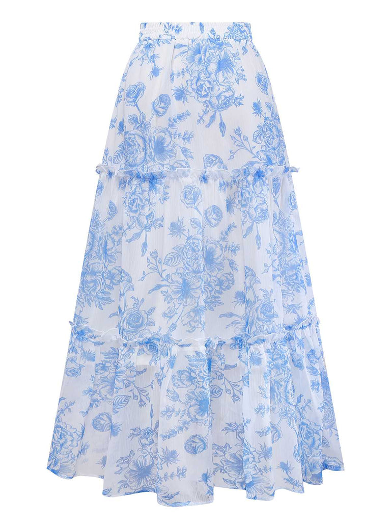 Light Blue 1970s Boho Floral Maxi Skirt