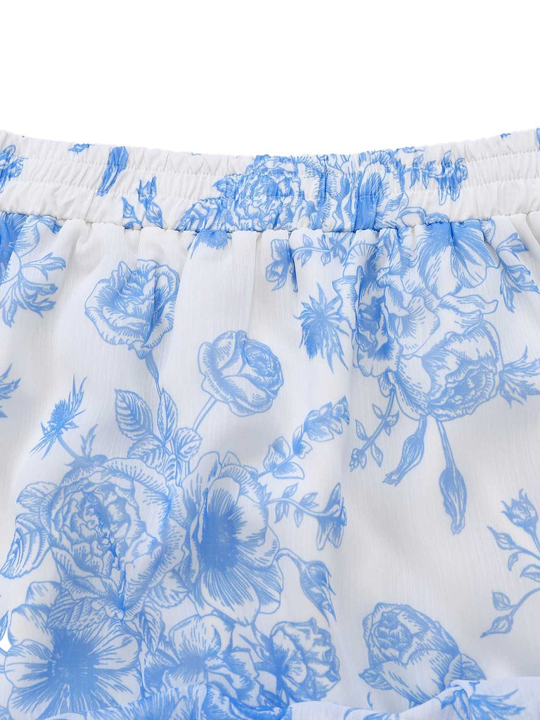 Light Blue 1970s Boho Floral Maxi Skirt