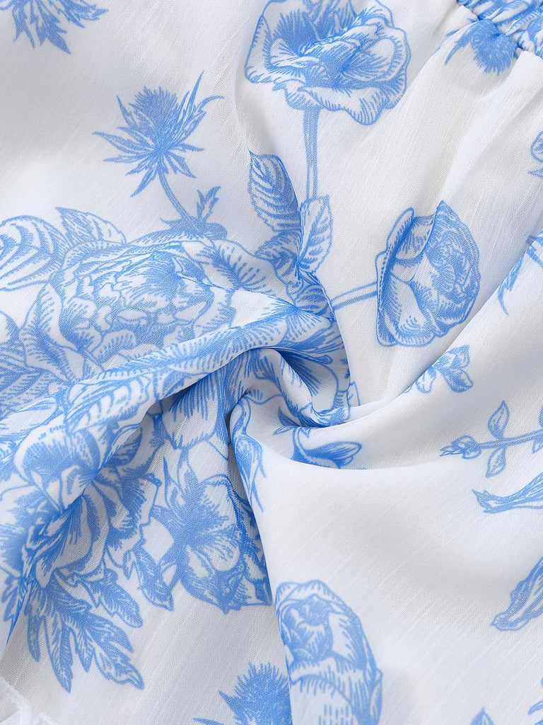 Light Blue 1970s Boho Floral Maxi Skirt