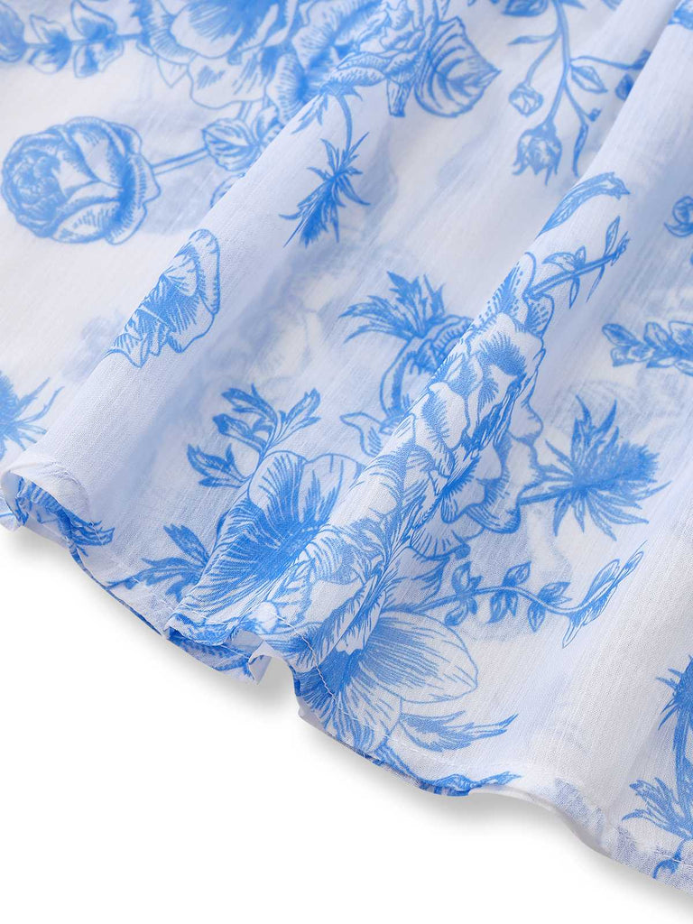 Light Blue 1970s Boho Floral Maxi Skirt