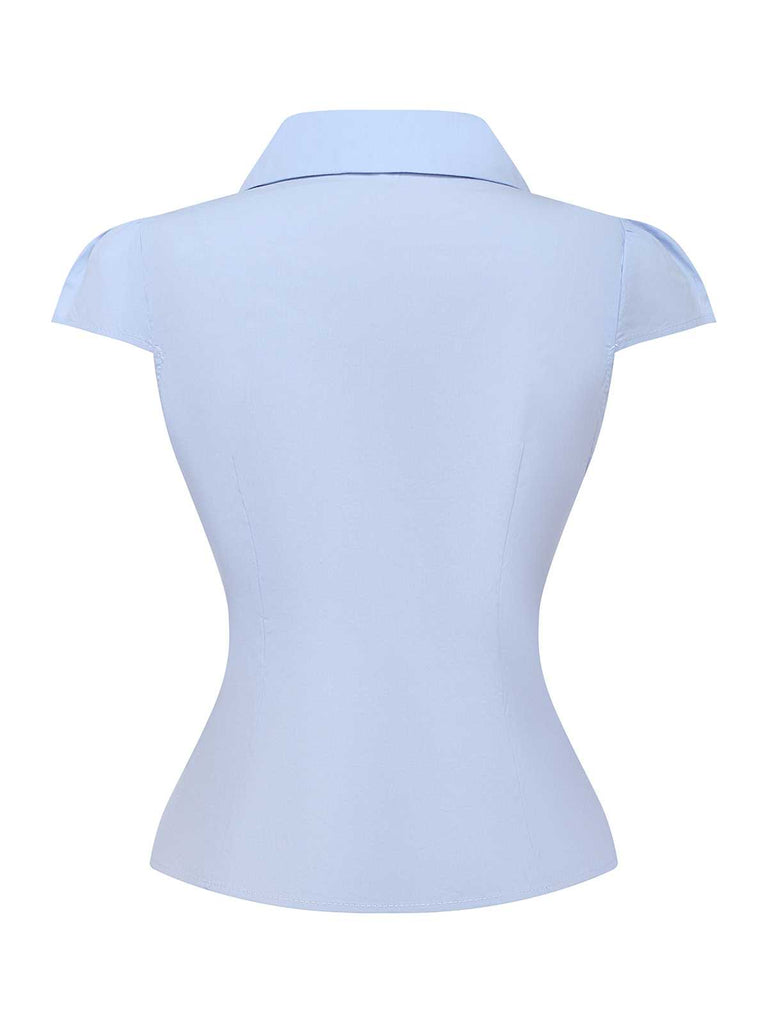 Light Blue 1970s Fitted Solid Blouse