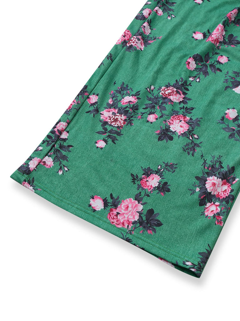 Green 1940s Floral Print Wide-Legged Jumpsuit