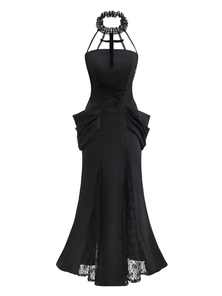 Black 1930s Gothic Lace Halter Mermaid Dress
