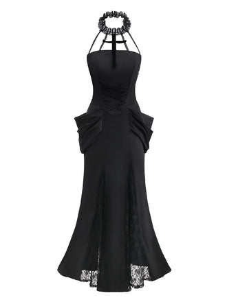 Black 1930s Gothic Lace Halter Mermaid Dress