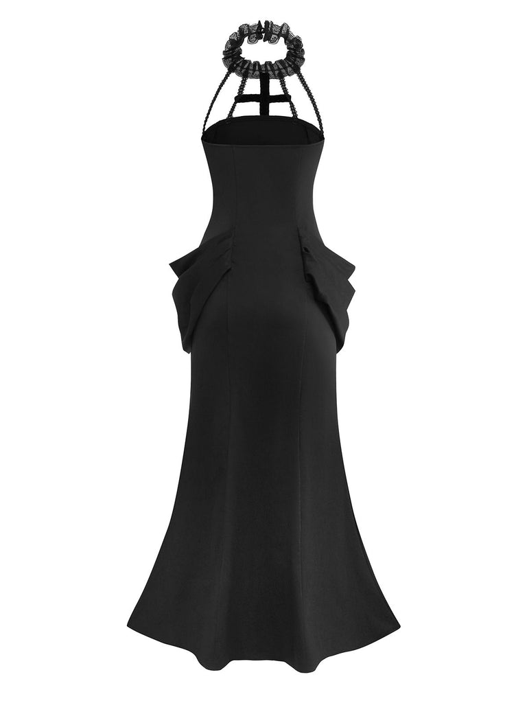 Black 1930s Gothic Lace Halter Mermaid Dress