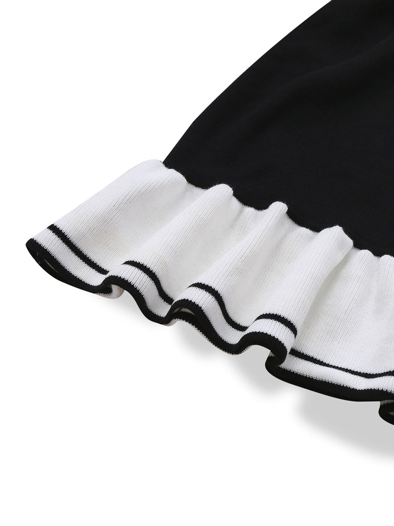 1970s Black & White Contrast Knitted Ruffle Dress