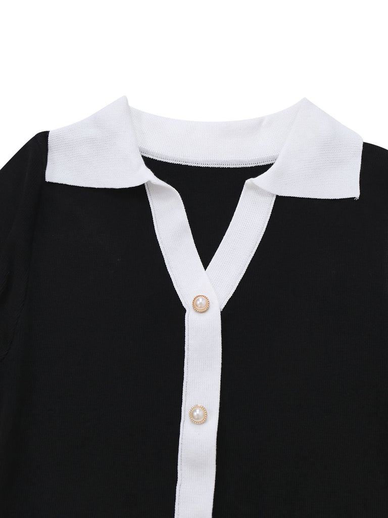 1970s Black & White Contrast Knitted Ruffle Dress