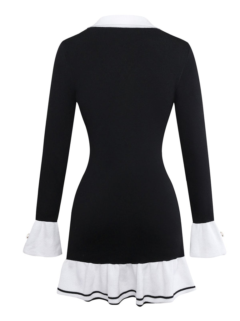 1970s Black & White Contrast Knitted Ruffle Dress