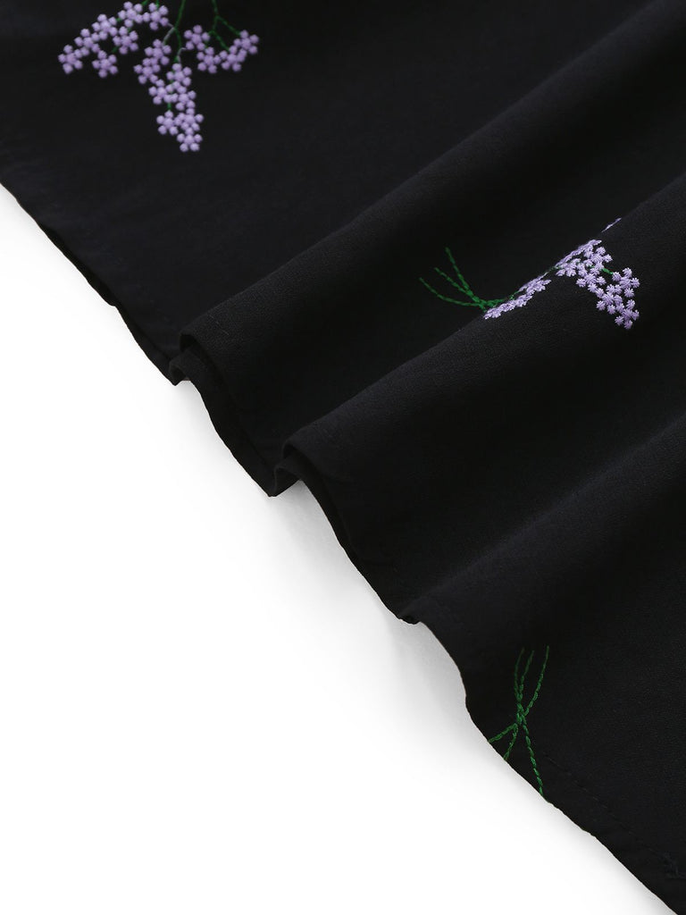 Black 1940s Purple Floral Embroidered V-Neck Dress