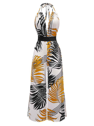 1970s Boho Floral Lace-up Halter Jumpsuit