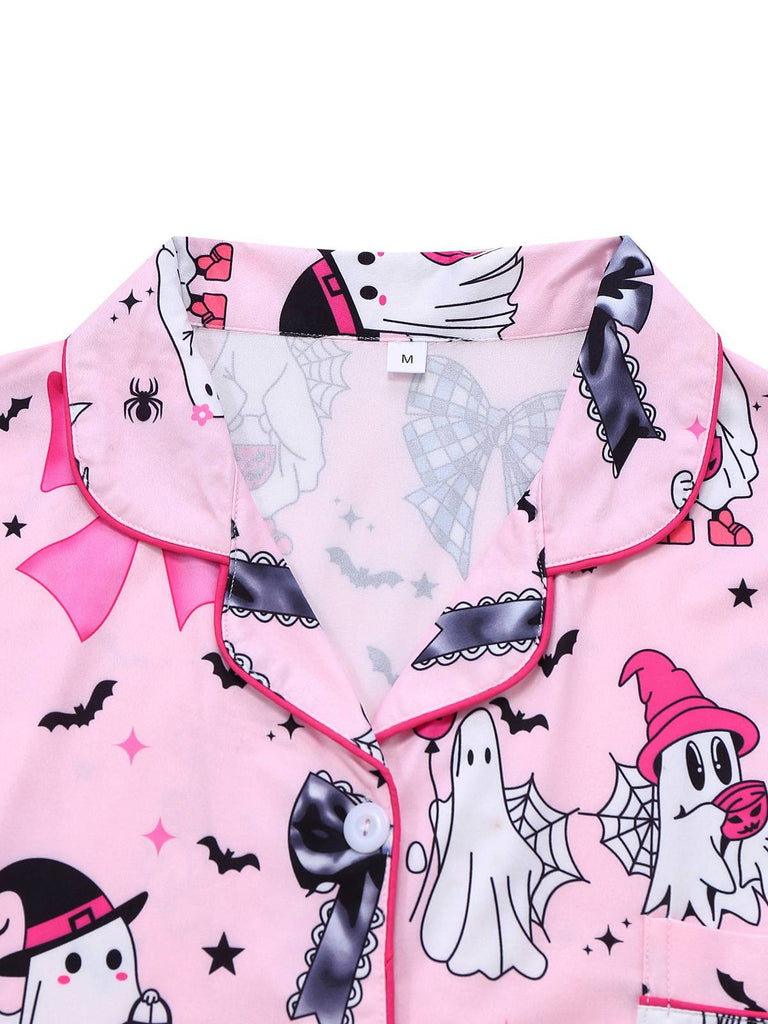 Dark Pink 1970s Halloween Boo Print Pajama Set