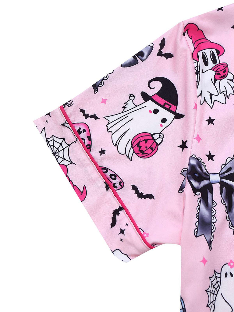 Dark Pink 1970s Halloween Boo Print Pajama Set
