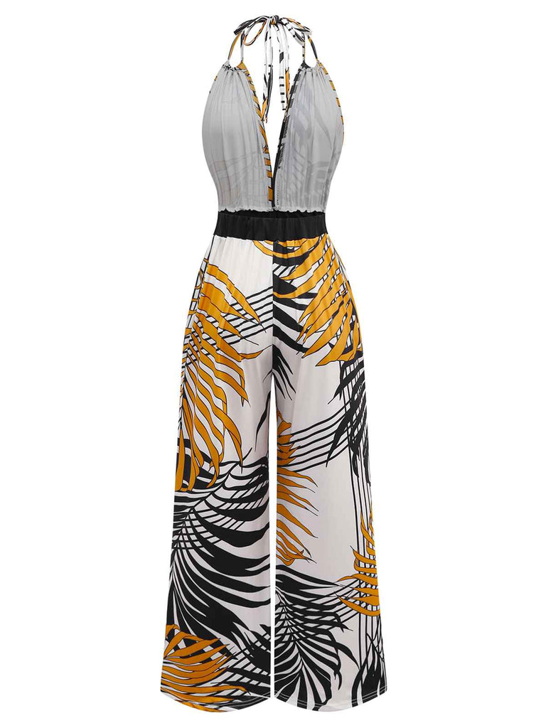 1970s Boho Floral Lace-up Halter Jumpsuit