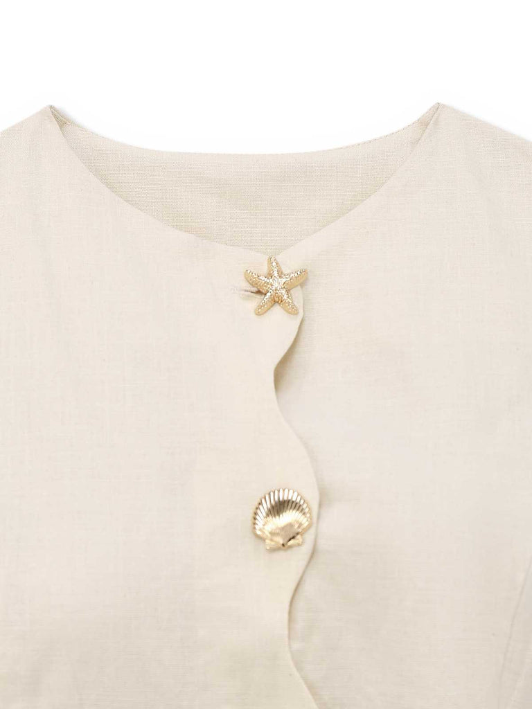 Beige 1960s Starfish Shell Buttons Sleeveless Dress