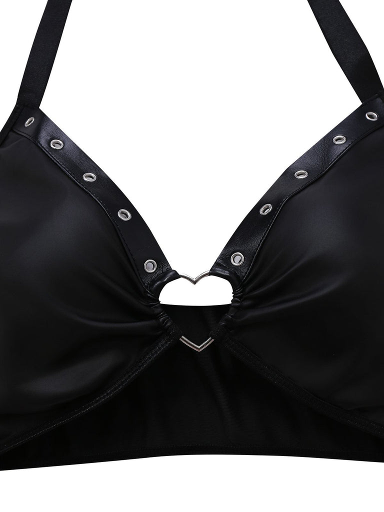Black 1960s PU Leather Heart Cutout Lingerie 3-Piece Set