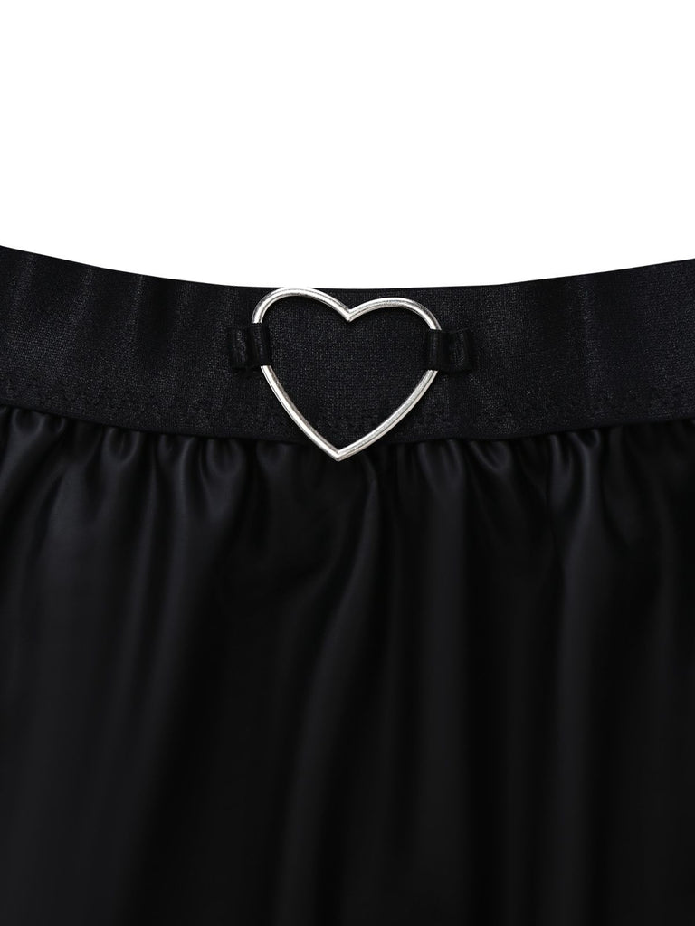 Black 1960s PU Leather Heart Cutout Lingerie 3-Piece Set