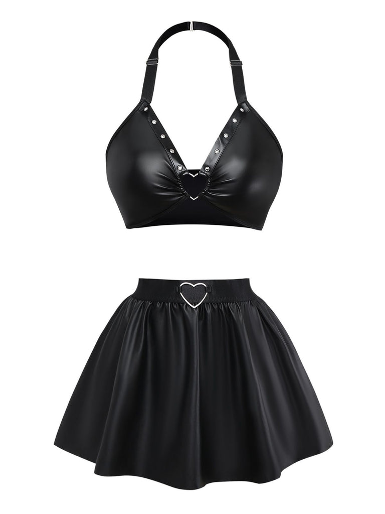 Black 1960s PU Leather Heart Cutout Lingerie 3-Piece Set