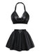 Black 1960s PU Leather Heart Cutout Lingerie 3-Piece Set