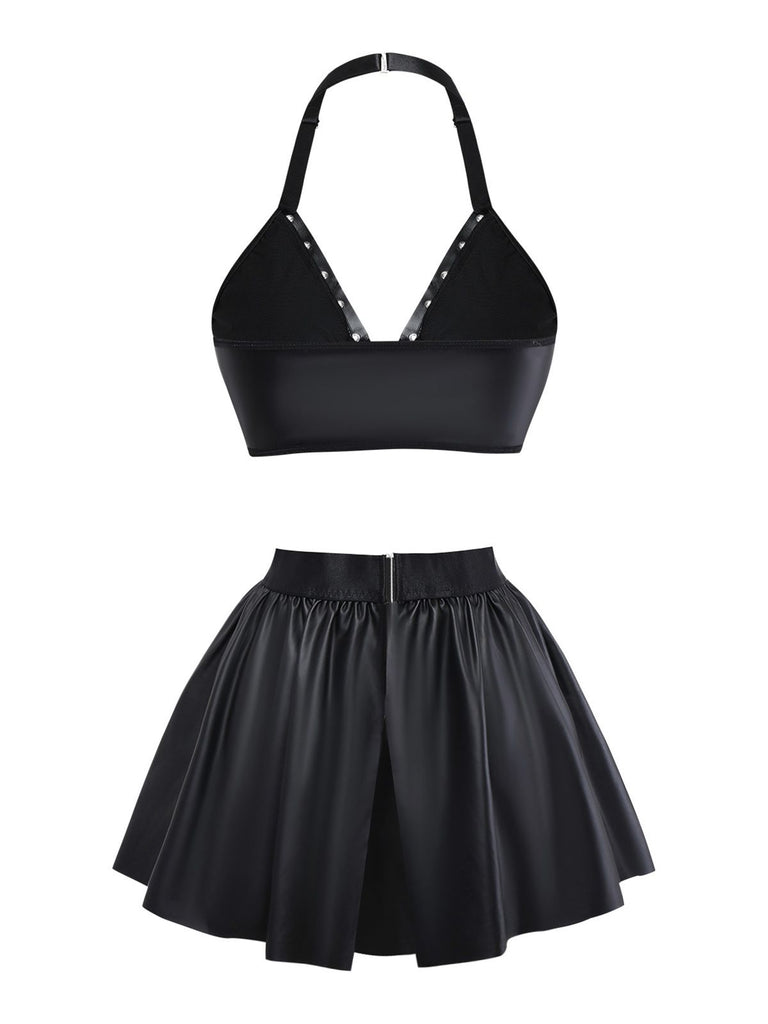 Black 1960s PU Leather Heart Cutout Lingerie 3-Piece Set