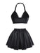 Black 1960s PU Leather Heart Cutout Lingerie 3-Piece Set