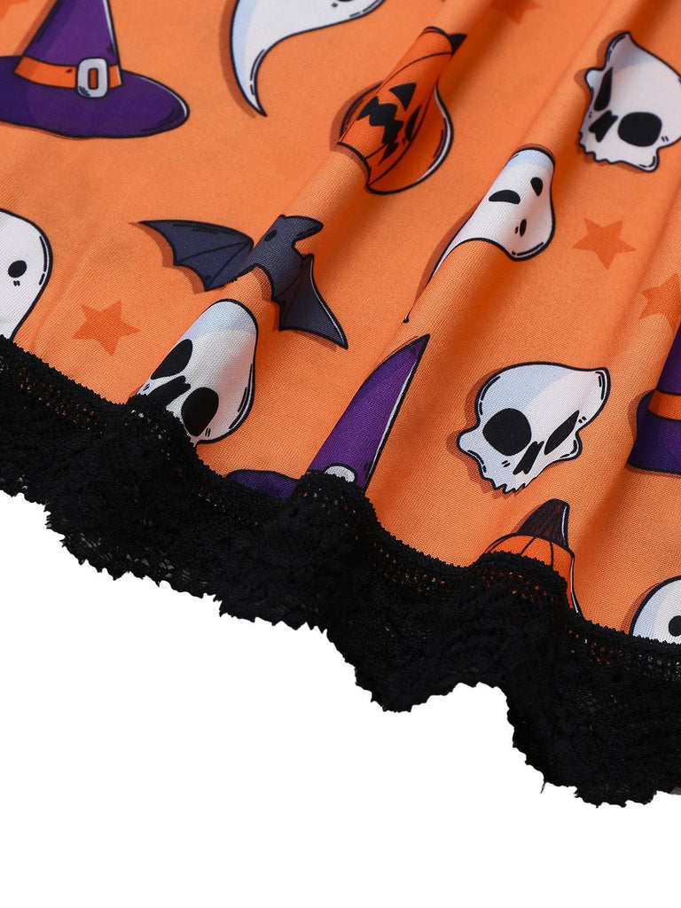 1960s Halloween Print Lace Patchwork Sleepwear