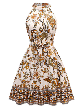 Caramel Colour 1970s Floral Boho Style Dress