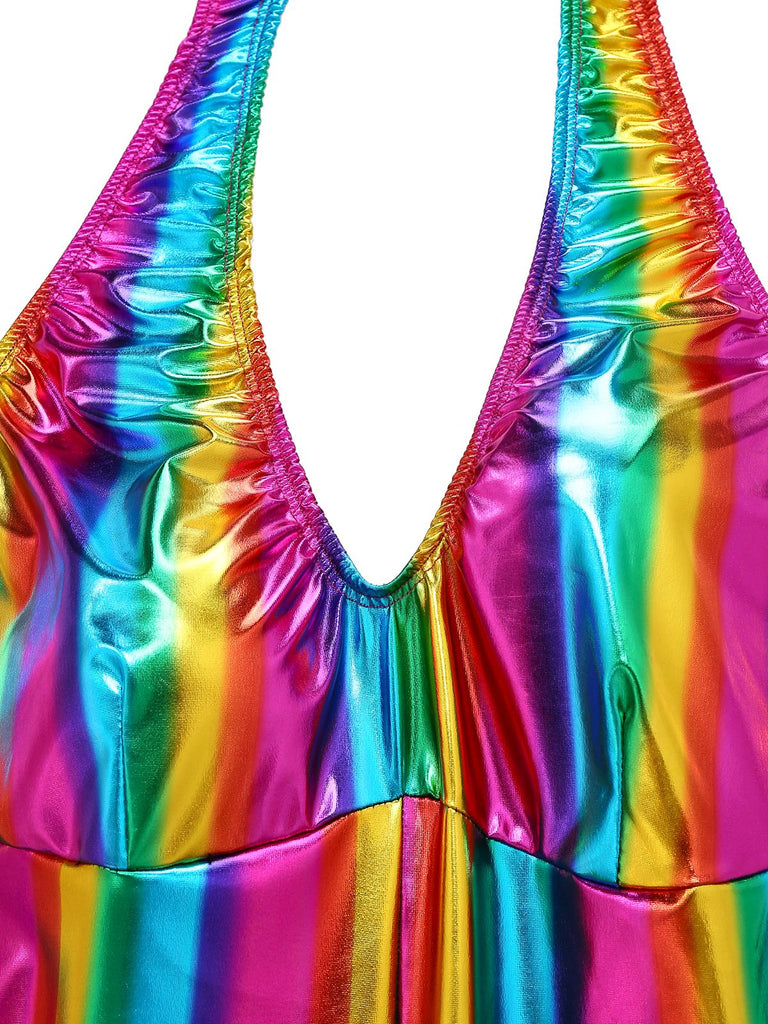 [Pre-Sale] 1970s Rainbow Colorblock Disco Halter Jumpsuit
