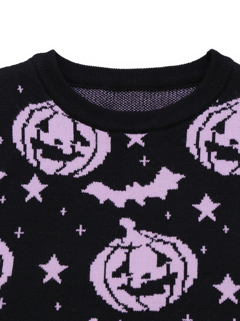 Black 1970s Halloween Pumpkin Bat Knit Sweater