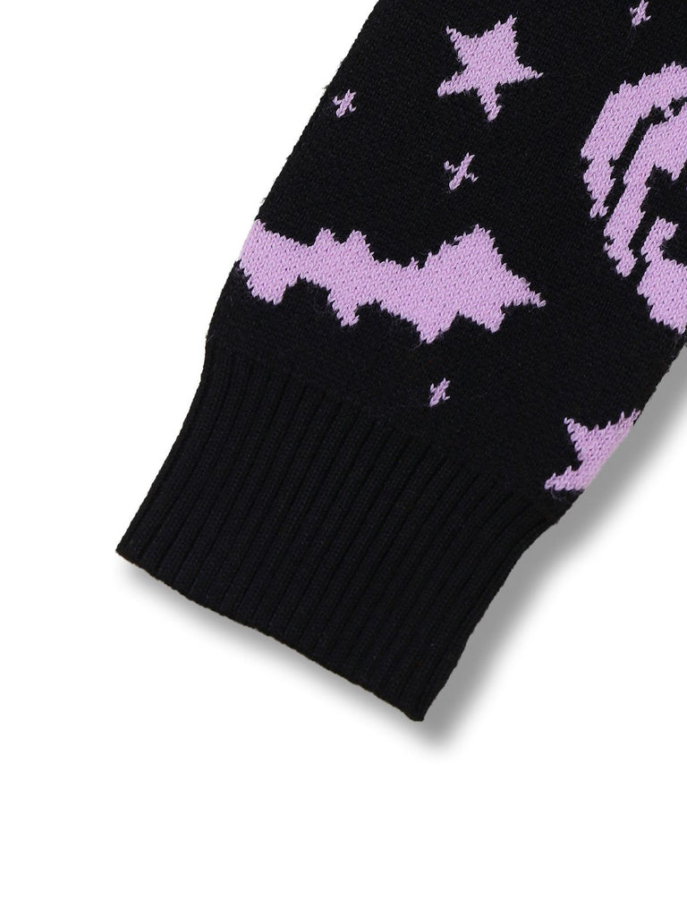 Black 1970s Halloween Pumpkin Bat Knit Sweater