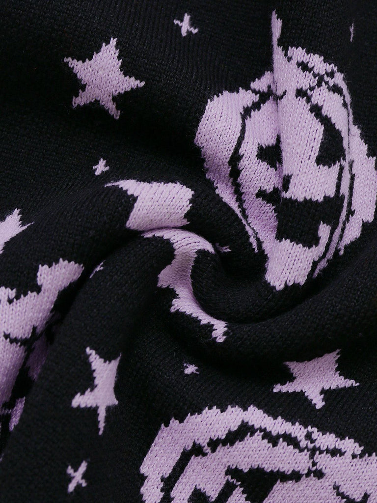 Black 1970s Halloween Pumpkin Bat Knit Sweater