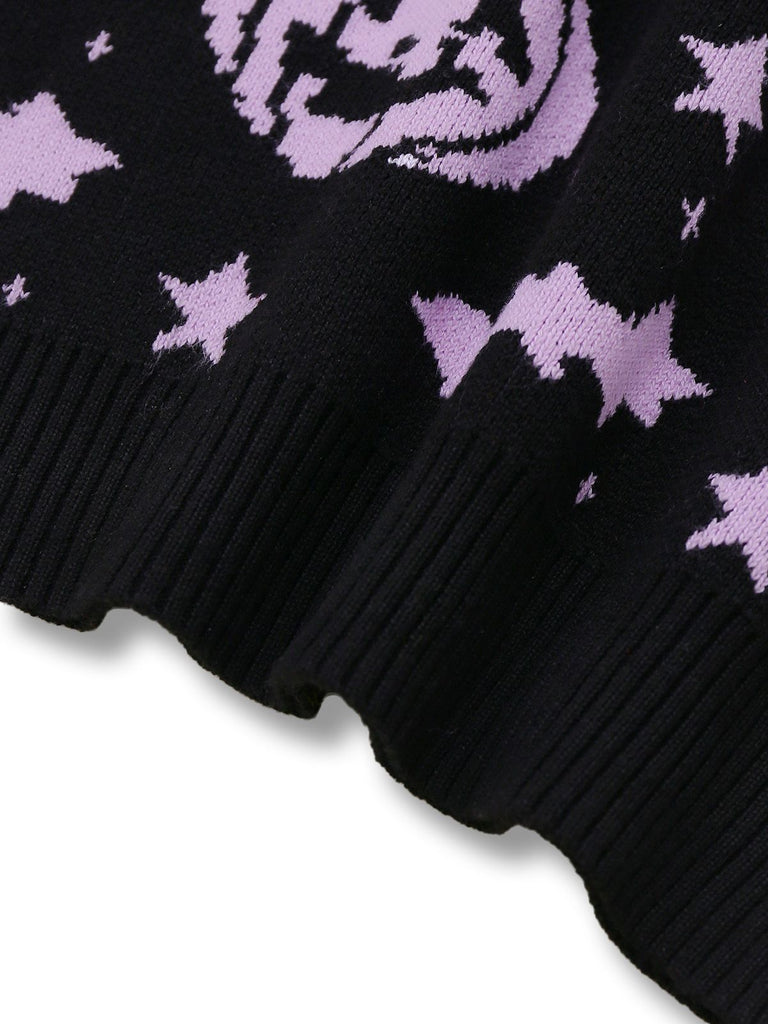 Black 1970s Halloween Pumpkin Bat Knit Sweater
