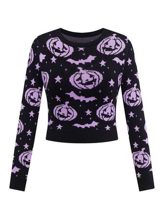 Black 1970s Halloween Pumpkin Bat Knit Sweater