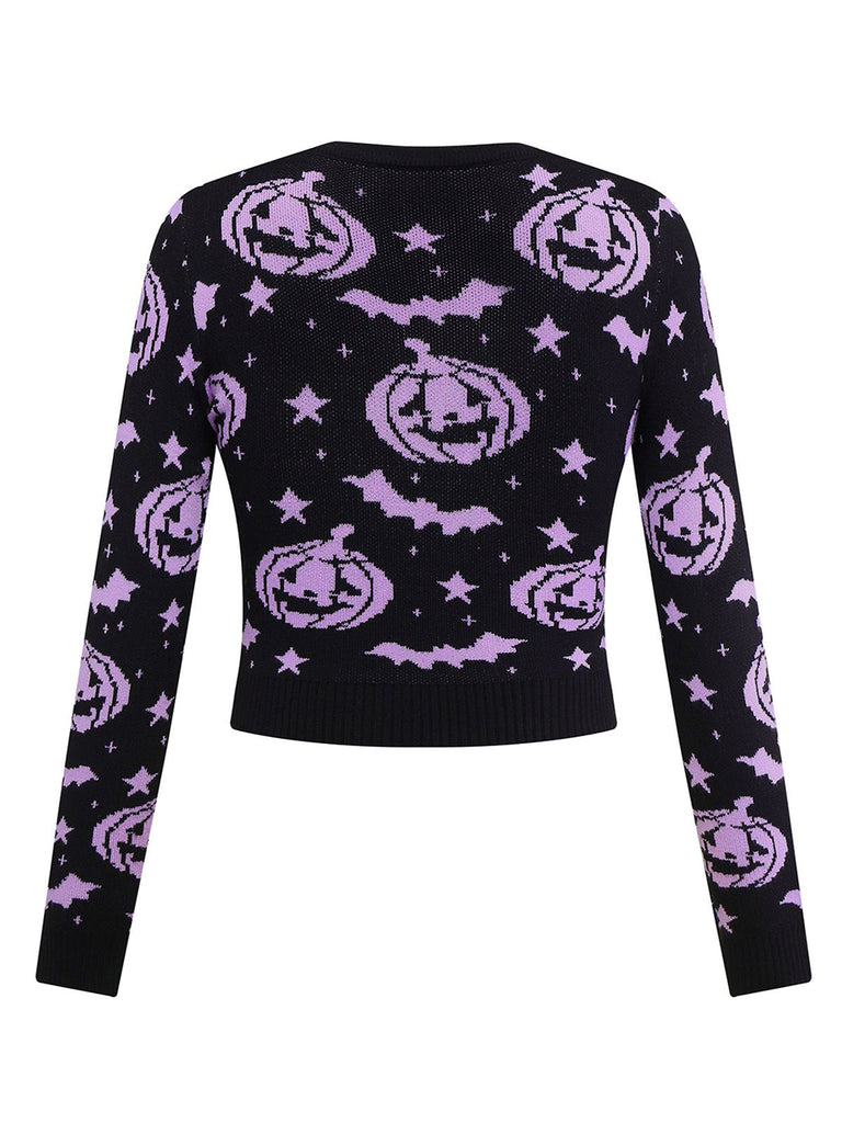Black 1970s Halloween Pumpkin Bat Knit Sweater