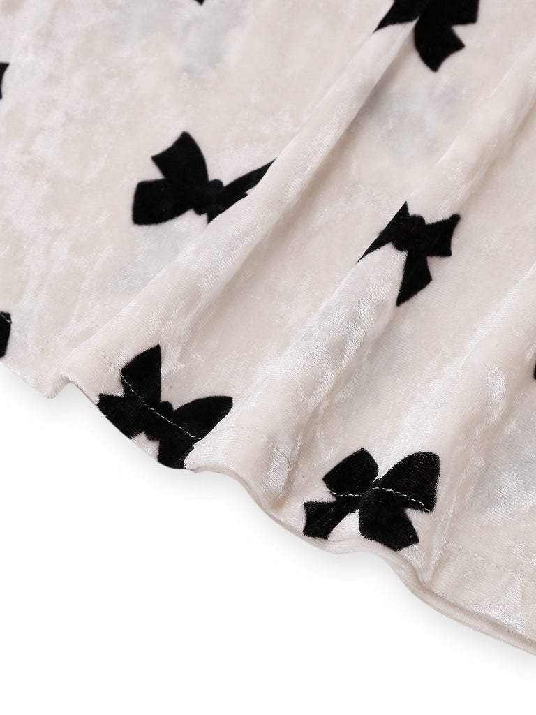 White 1940s Bow Print Velvet Pajama Set