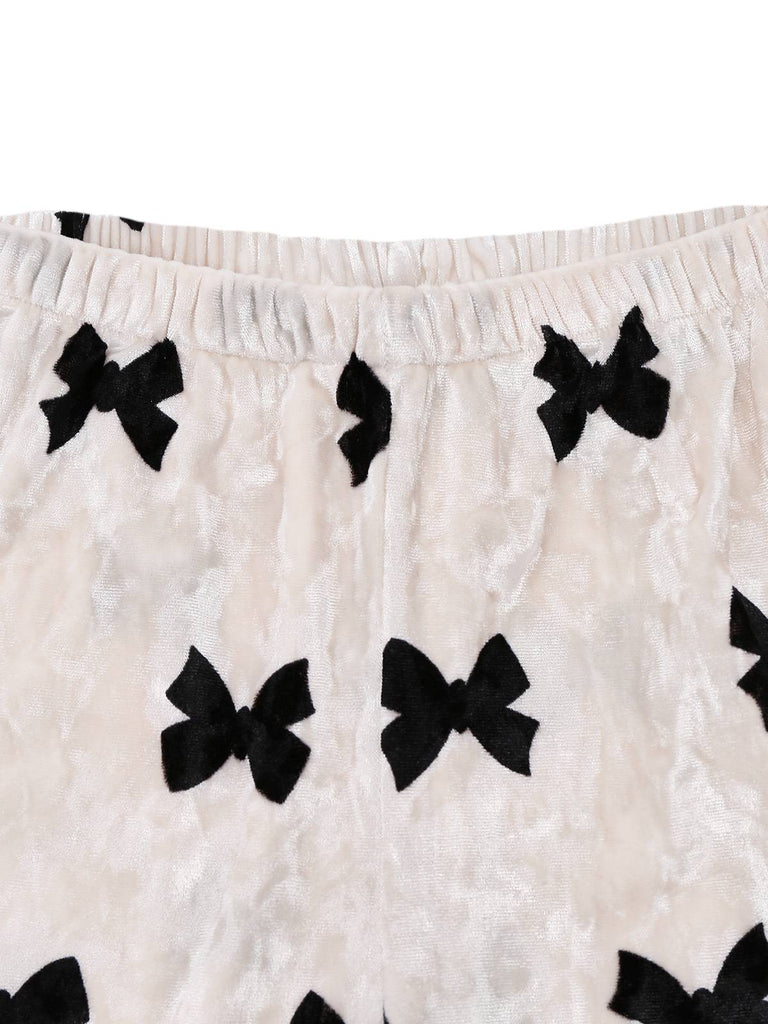 White 1940s Bow Print Velvet Pajama Set