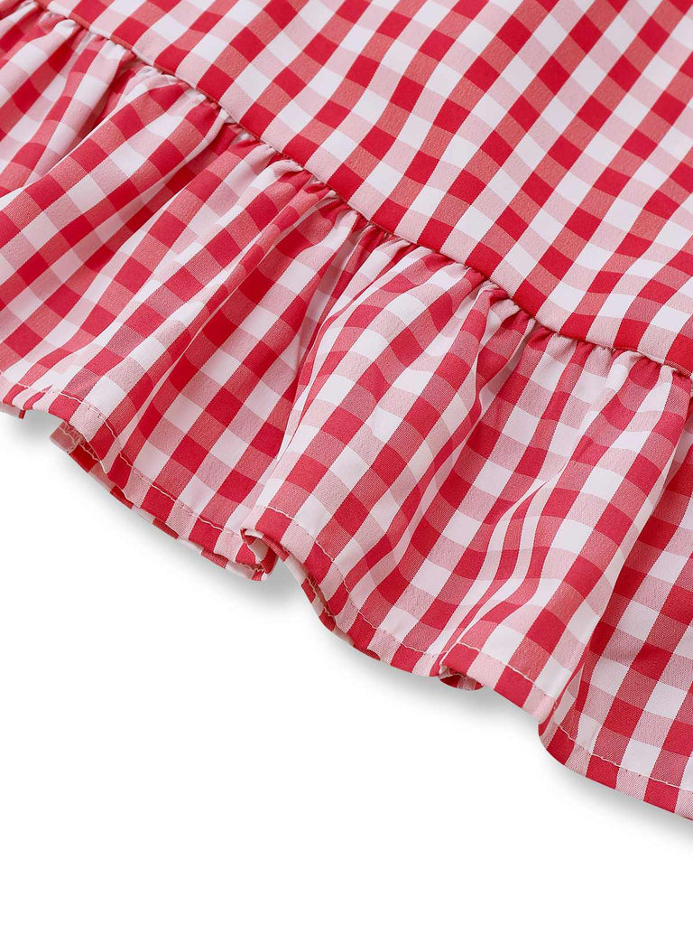 2PCS 1950s Plaid Ruffled Bow Vest & Shorts