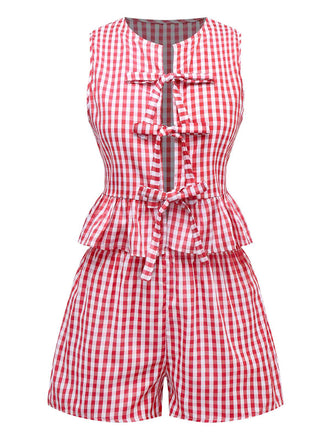 2PCS 1950sย Plaidย Ruffledย Bowย Vest & Shorts