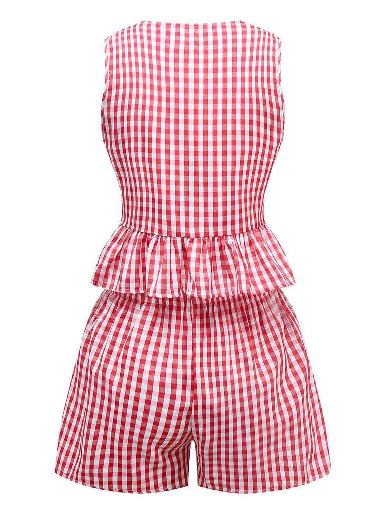 2PCS 1950s Plaid Ruffled Bow Vest & Shorts