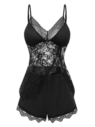 Black 1950s Slip Lace Floral Pajamas