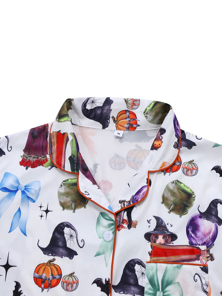 1970s Halloween Witch Print Satin Pajama Set