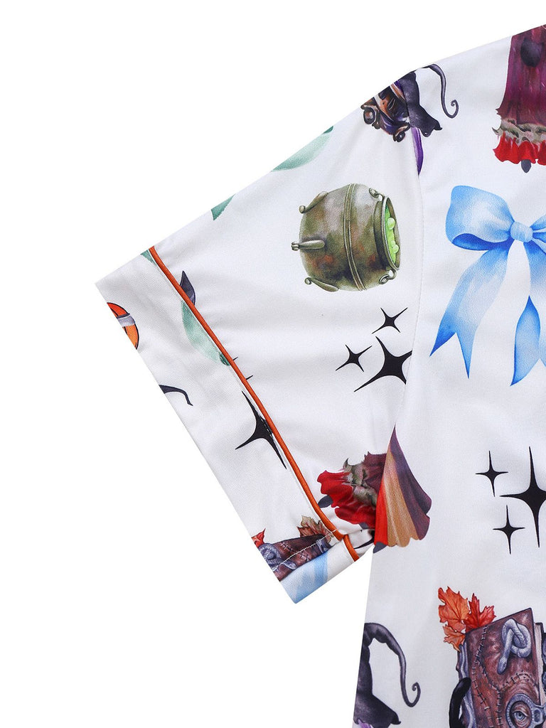 1970s Halloween Witch Print Satin Pajama Set