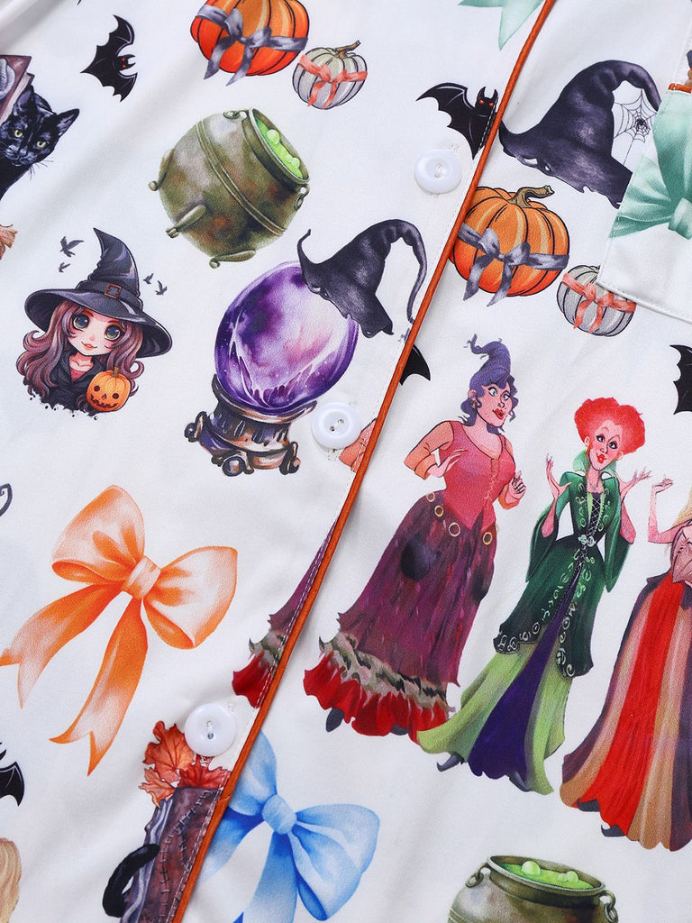 1970s Halloween Witch Print Satin Pajama Set